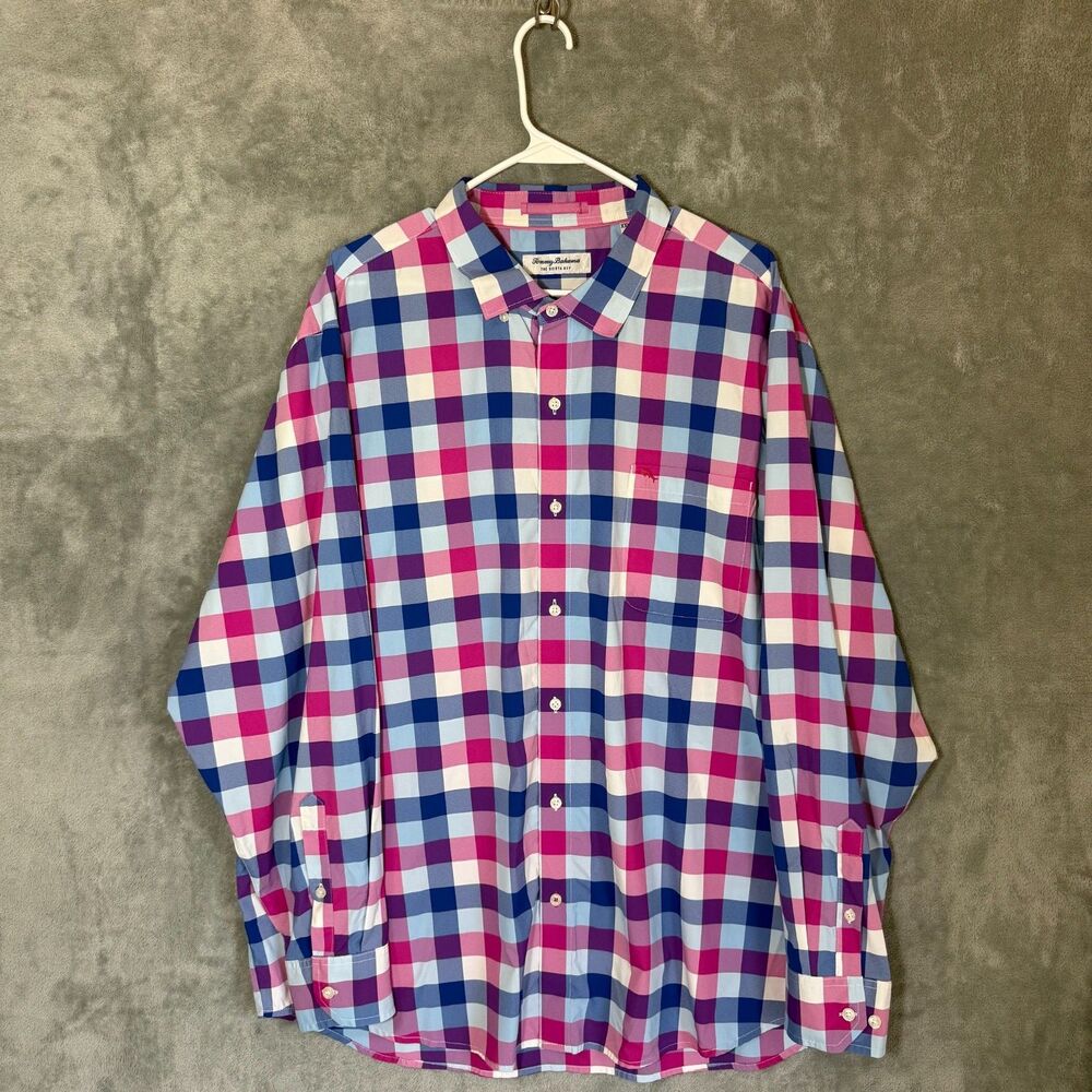 Tommy Bahama Mens 2XL Siesta Key Plaid LS Performance Shirt Blue Pink Coastal